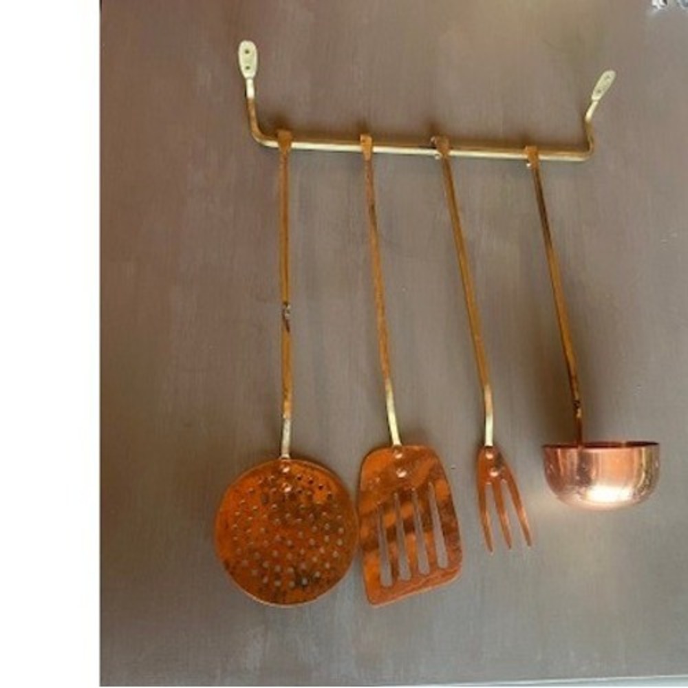 Vintage Copper Brass Kitchen Utensil Set 5pc Korea Patina Rustic Wall Rack